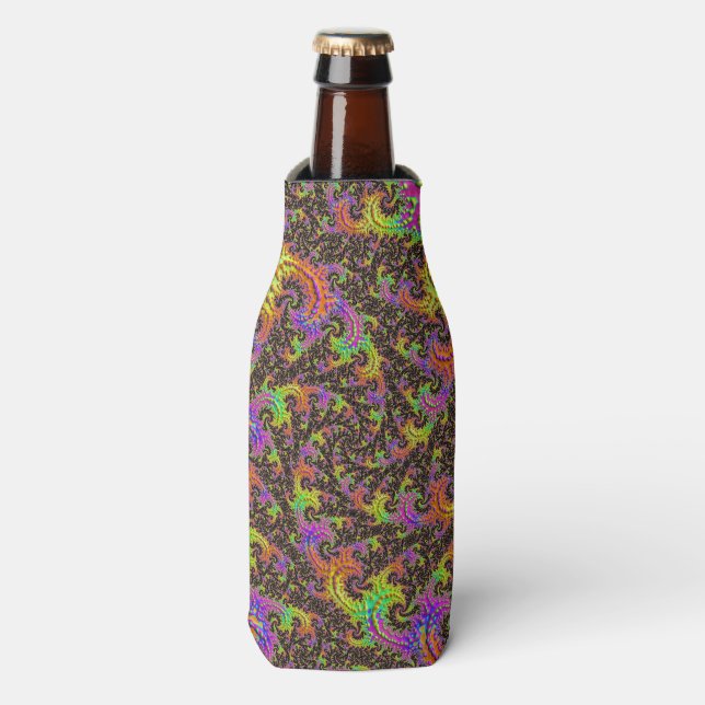 Flashy Colourful Spiral Abstract Digital Fractal Bottle Cooler (Bottle Front)