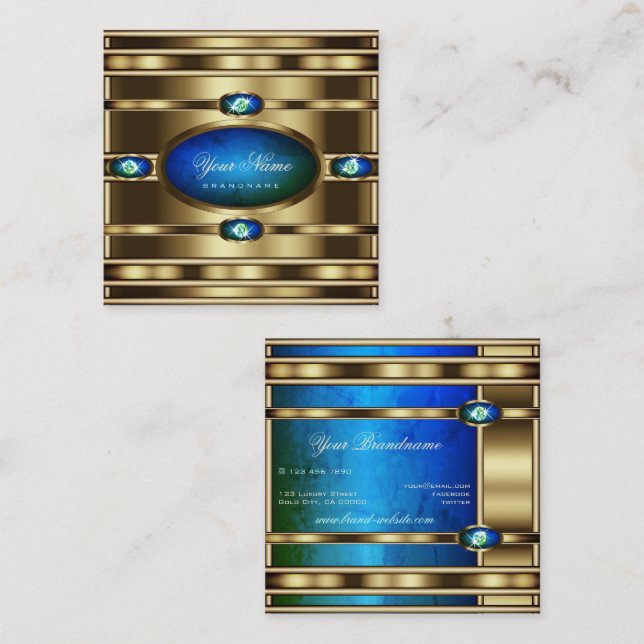Flashy Gold with Blue Teal Gradient Marble Pattern Square Business Card (Front/Back)