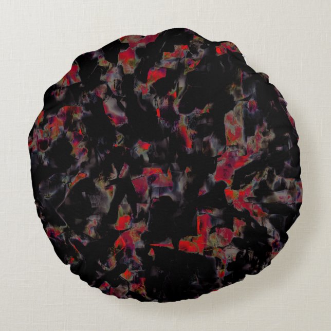 Flashy red blots on dark grey rocky base, texture  round pillow (Back)