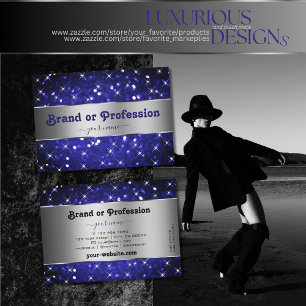 Flashy Royal Blue Glitter Sparkle Stars Silver Business Card