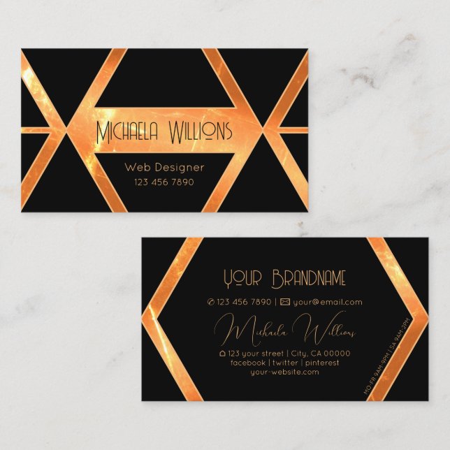 Flashy Shimmery Coral Cool Black Geometric Stylish Business Card (Front/Back)