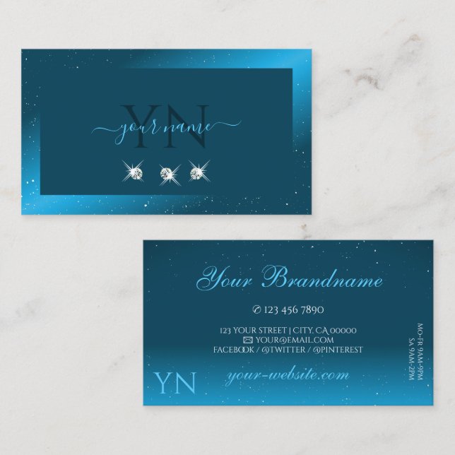 Flashy Shimmery Teal Sparkling Diamonds Initials Business Card (Front/Back)