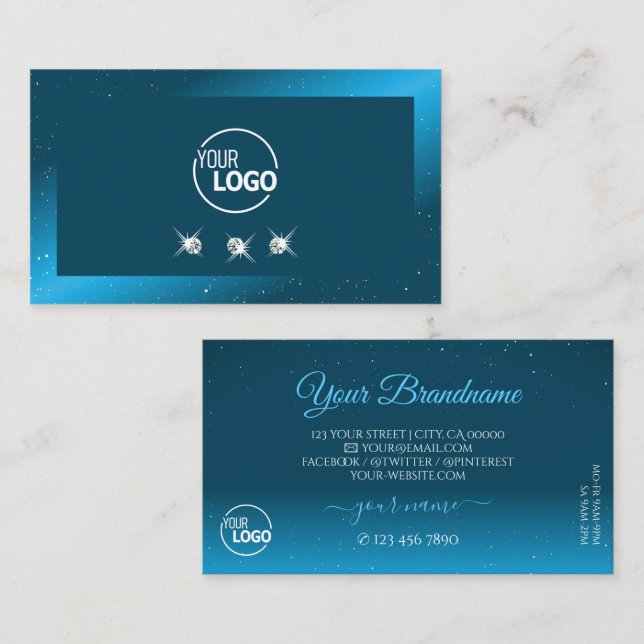 Flashy Shimmery Teal Sparkling Diamonds with Logo Business Card (Front/Back)