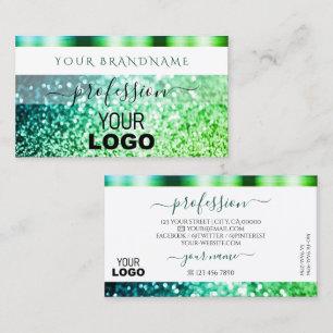 Flashy White Teal Green Sparkling Glitter and Logo Business Card