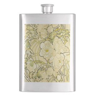 Flasque Alphonse Mucha Pivoines Motif Floral Art Nouveau
