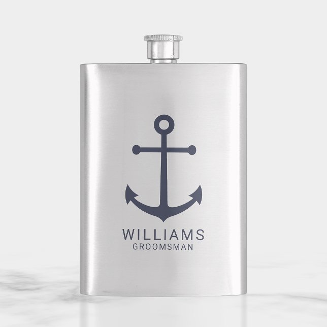 Flasque Ancre Bleue marine Nautique Groomsmen personnalisé (Créateur téléchargé)