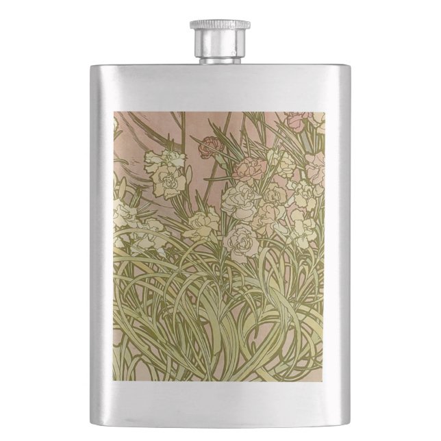Flasque Art Nouveau Alfonse Mucha fleurs d'oeillets floral (devant)