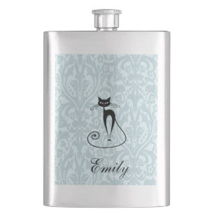 Flasque Élégant chat noir damassé mariage vintage