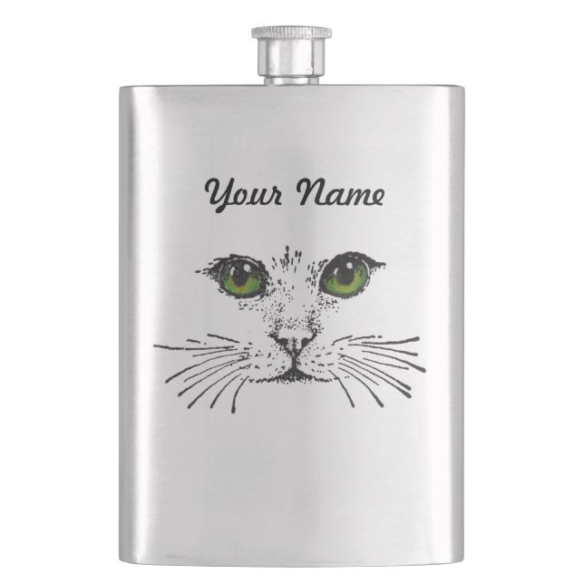 Flasque Favoris de yeux verts de visage de chat (devant)