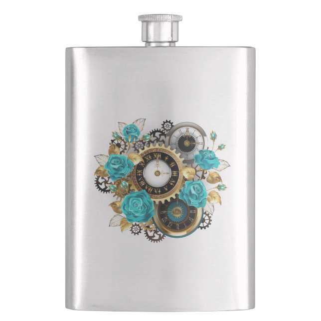 Flasque Horloge à vapeur et Roses turquoise sur le sol (devant)