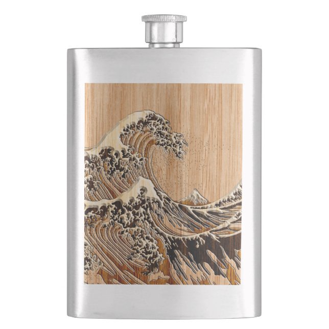 Flasque La grande vague de Hokusai en bambou en bois (devant)