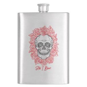 Flasque Memento Mori ! Crâne et Roses, main tirée