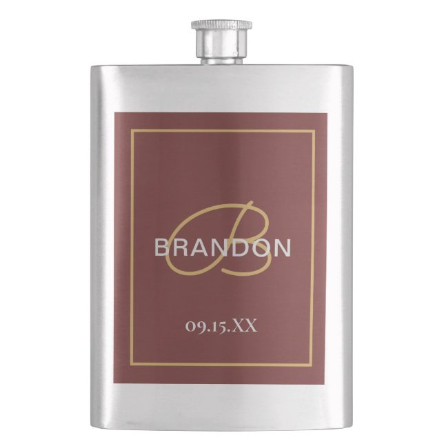 Flasque Monogramme Nom propre Groomsmen Or Bourgogne moder (devant)
