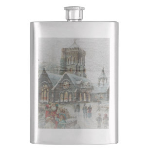 Flasque Père Noël ancienne avec enfants devant une église