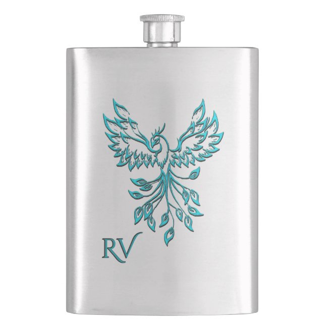 Flasque Phoenix bleu se lève sur Monogramme blanc (devant)