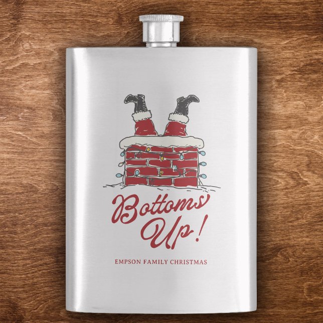 Flasque Santa Bottoms Up Fête de Noël drôle et festive (Stainless steel flask with a Santa chimney motif, light string detail, and bold “Bottoms Up!” script)