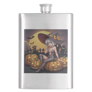Flasque Une sorcière d'Halloween aux yeux verts sur Jack-O