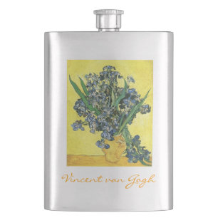 Flasque Vase avec Irises en arrière - plan Jaune, Van Gogh