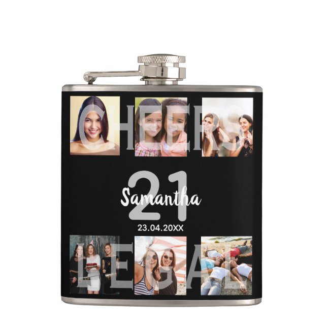 Flasques 21e anniversaire photo collage noir blanc monogram (Devant)