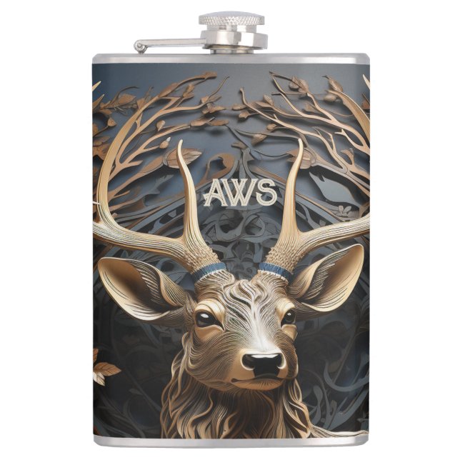 Flasques 3d Gros Antler Buck Deer Monogramme Rustique (Devant)