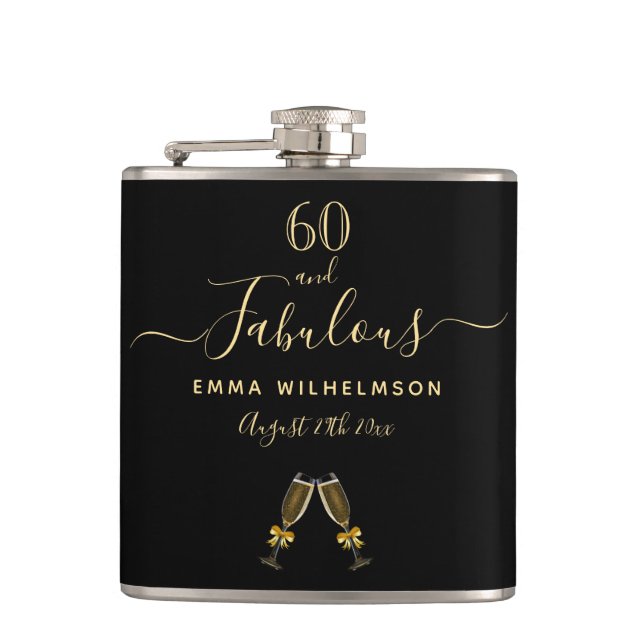 Flasques 60 fabuleux anniversaire noir or script monogramme (Devant)