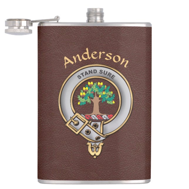 Flasques Anderson Clan Badge avec Brown Faux Leather (Ouvert)