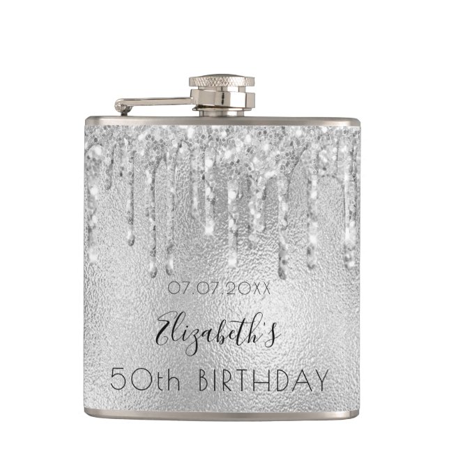Flasques Anniversaire argent parties scintillant nom goutte (Devant)