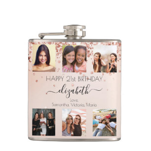 Flasques Anniversaire rose or blush photo collage amis