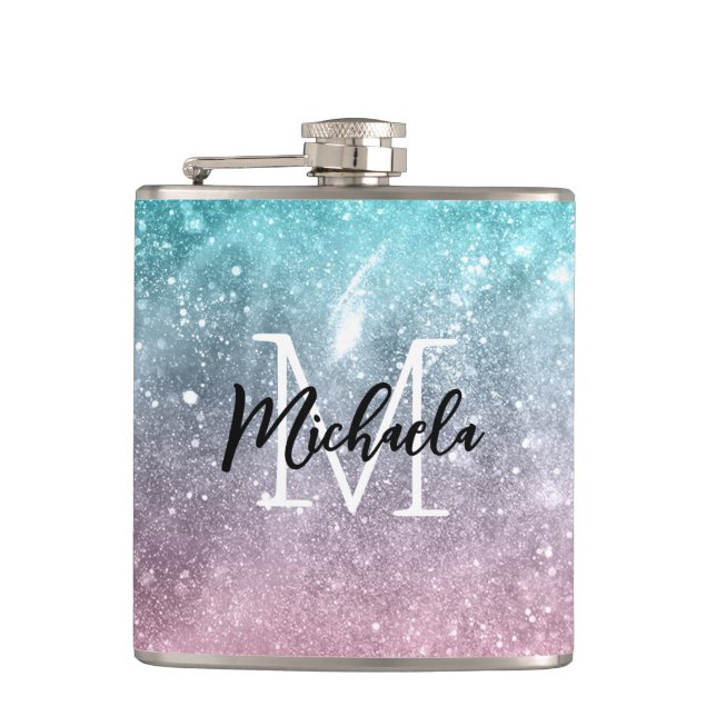 Flasques Aqua blue Pink ombre mer galaxie abstraite Monogra (Devant)