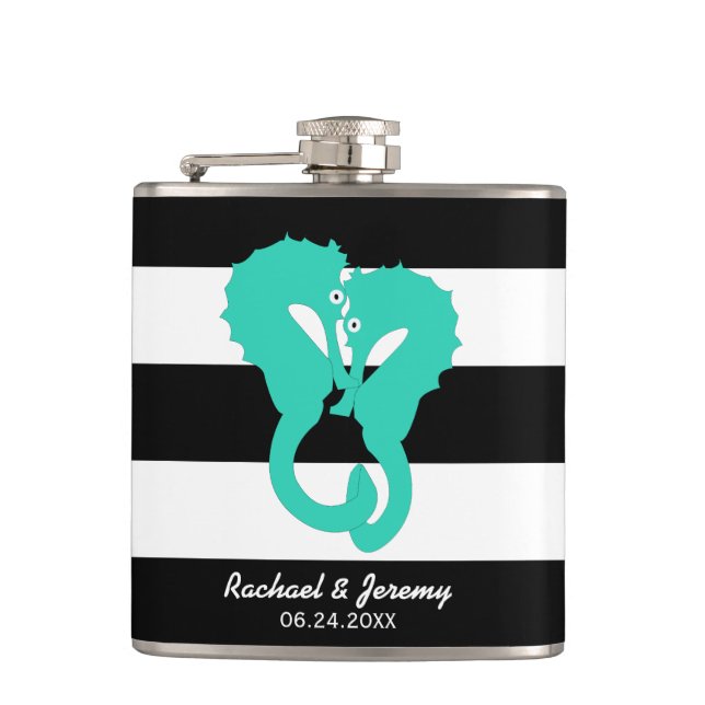 Flasques Aqua Seahorses on Stripes Couple's Personnalisé (Devant)