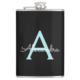Flasques Aqua Turquoise Blue Script Girl Nom du monogramme