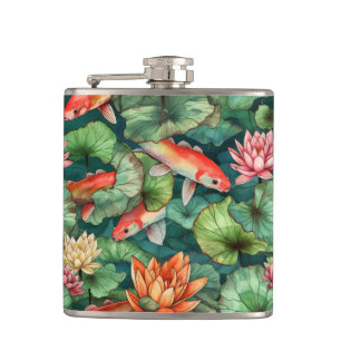 Flasques Aquarelle Koi et Lys d'eau Hip Flask