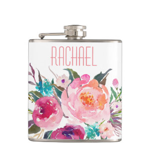 Flasques Aquarelle Rose Floral avec nom