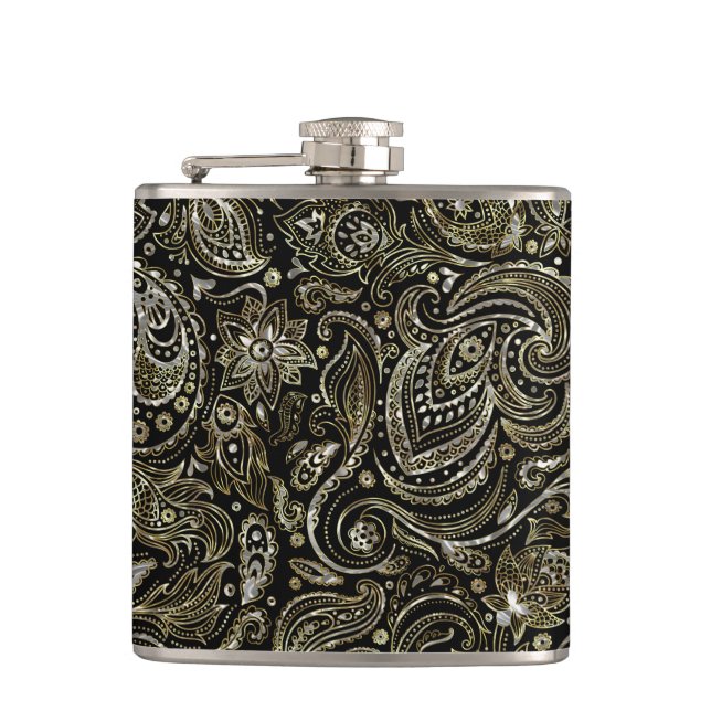 Flasques Argent Noir & Métallurgique Avec Paisley Floral Or (Devant)
