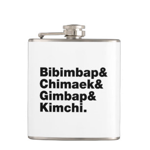 Flasques Bibimbap & Chimaek & Gimbap & Kimchi. Aliments cor