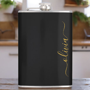 Flasques Black Gold Modern Script Girl Monogramme Nom