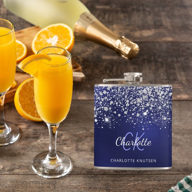 Flasques Bleu monogramme de nom écriture paillettes scintil (Créateur téléchargé)