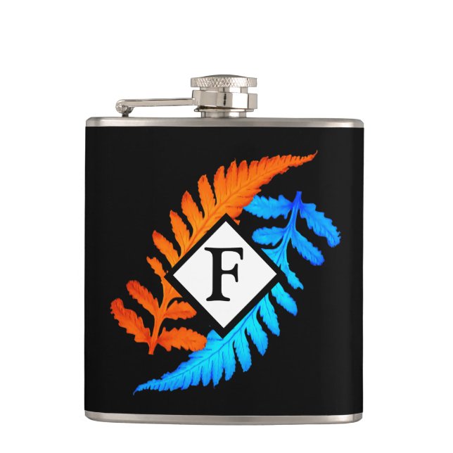 Flasques Bleu orange japonais peint fougères Monogramme (Devant)