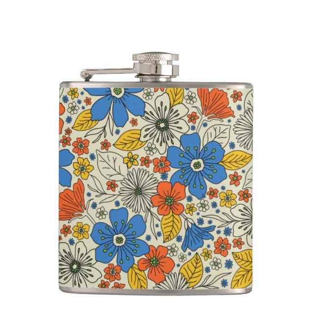 Flasques Bleu rétro, Jaune & Orange Floral (Devant)