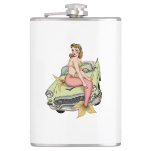 Flasques Blonde Mermaid on Vintage Green Car Watercolor Ill