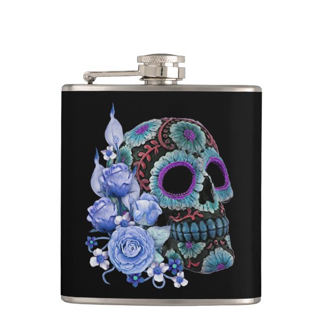 Flasques Blue Floral Black Sugar Skull Jour des morts (Devant)