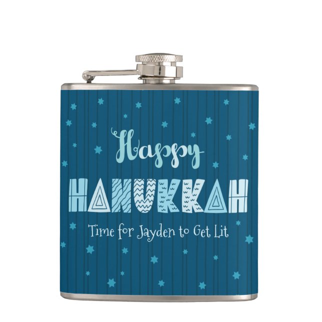 Flasques Blue Happy Hanoukka Typographie Star of David Nom (Devant)