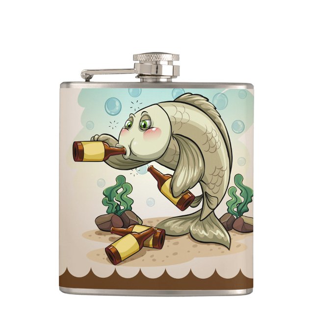 Flasques Boire comme un poisson (A cartoonish, light-colored fish with green eyes and rosy cheeks is drinking from a brown bottle.)