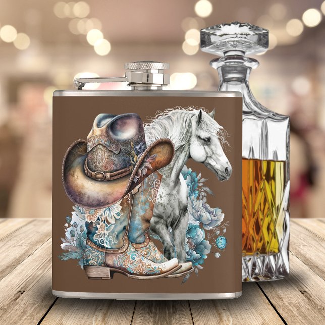 Flasques Botte de cheval Cowgirl bottes de cowboy casquette (Western cowgirl floral cowboy boots, hat, turquoise and brown personalized flask.)