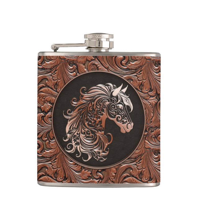 Flasques Brown cowgirl floral à outils cuir tête de cheval (Devant)