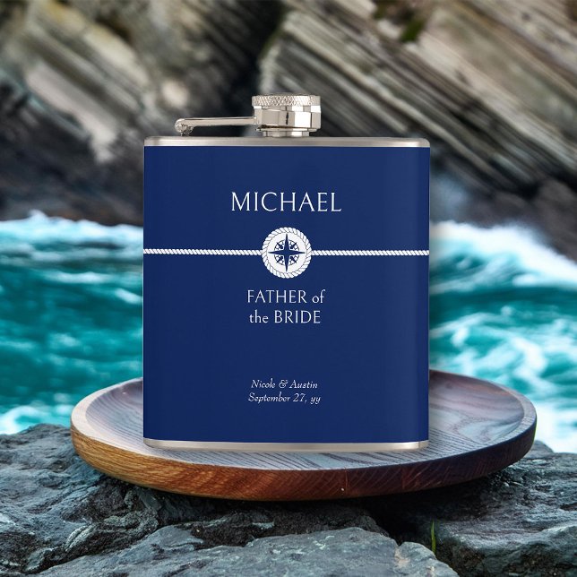 Flasques Cadeau de la fête de mariage nautique bleu et hip  (Nautical wedding father of the bride gift - personalize for any member of your wedding party)