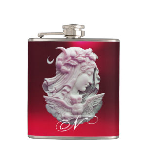 FLASQUES CAMEO ANTIQUE, LUNE DAME DE NUIT AVEC OWL MONOGRAM