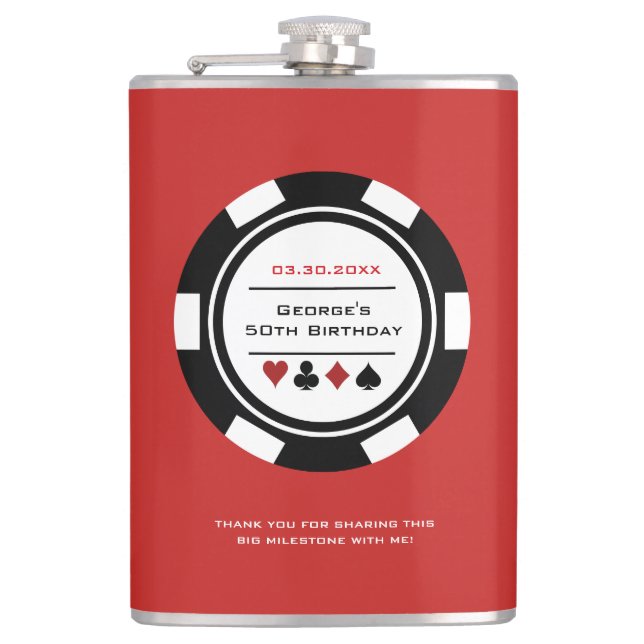Flasques Casino Poker Chip Noir Rouge et Blanc Anniversaire (Devant)