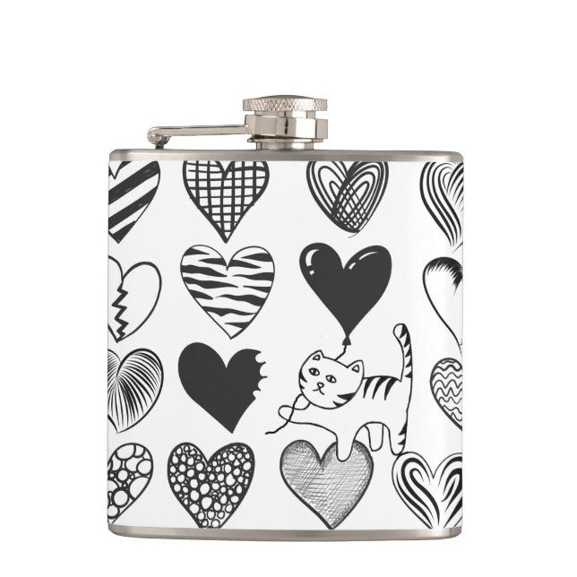 Flasques Chat noir et blanc et Motif de coeur (Devant)