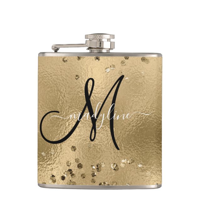 Flasques Chic Black Gold Parties scintillant Nom du monogra (Devant)